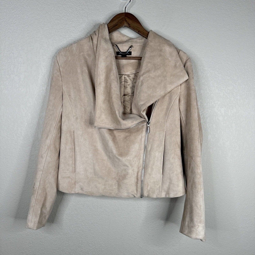 H By Halston Jacket Women 8 Beige Moto Stretch Pockets Asymmetrical Zip